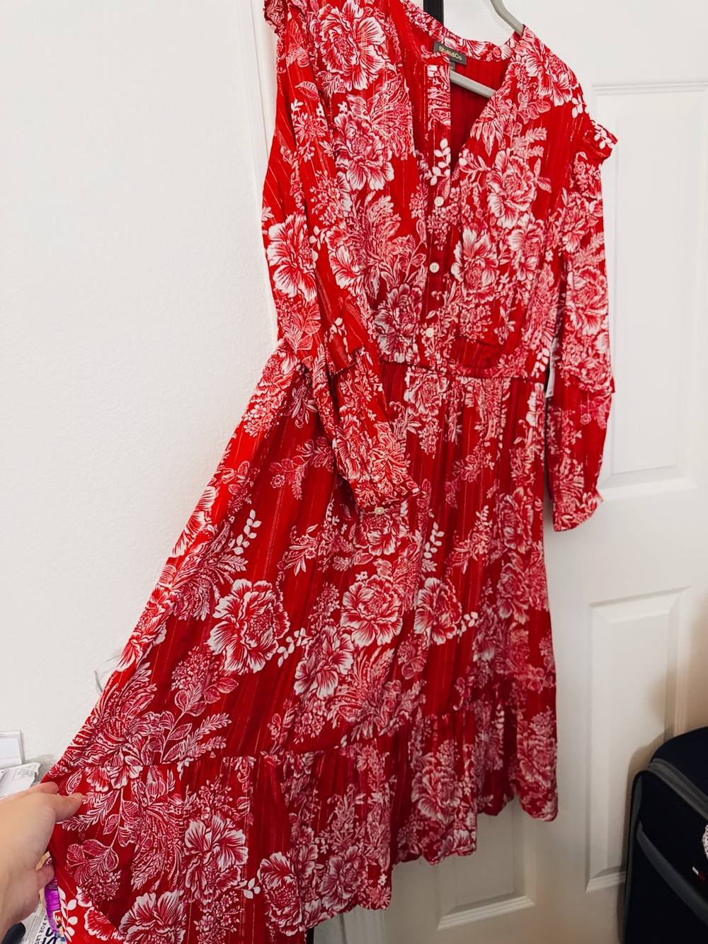Style & Co. Red Floral Tiered Long-Sleeve Midi Dress